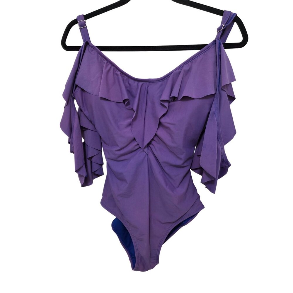NEW Nicole Miller Women's‎ S Purple Off-The-Shoulder Ruffle Swimsuit Beach